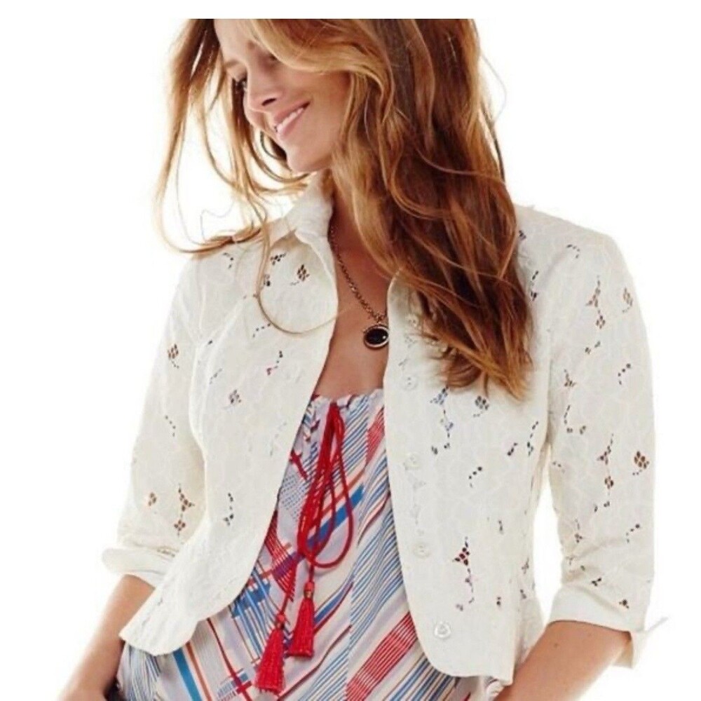 CAbi White Eyelet Cropped Jacket Medium